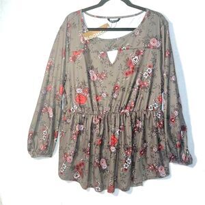 BloomChic Plus Size Floral Keyhole Tunic Top Green Long Sleeve Size 18-20
